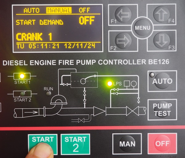 Push the START 1 button to crank the engine via battery 1